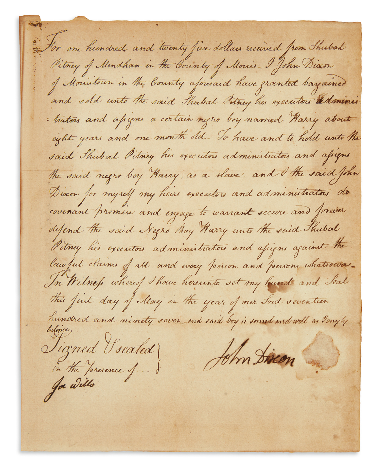 (SLAVERY AND ABOLITION.) Bill of sale for a negro boy named Harry in New Jersey.